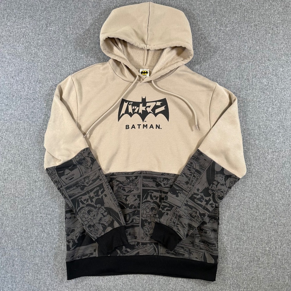 Batman Hoodie Mens Medium Tan Black Comic Panel Japanese Logo Sweatshirt MAD